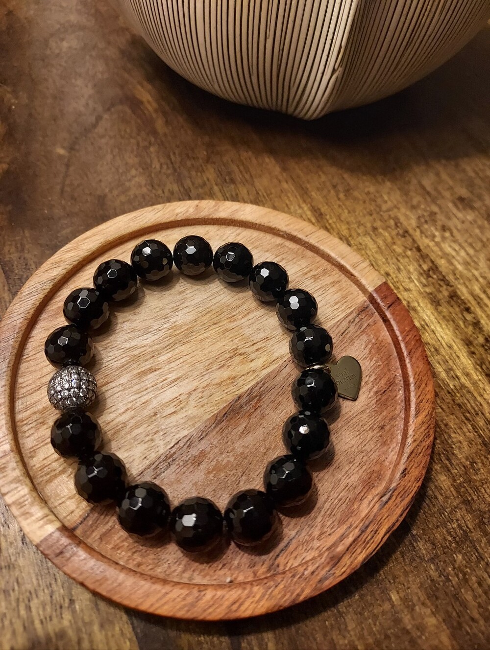 Black Faceted Onxy Bead Stretch Bracelet with Pave Accent From SOUL JOURNEY